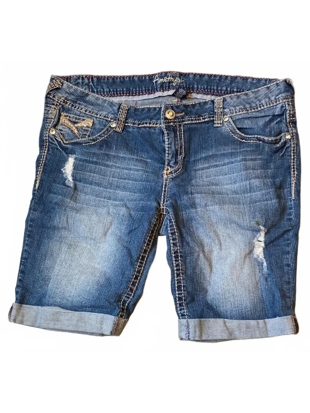 Sz 16 Amethyst Distressed Beaded Denim Shorts with Rolled Cuffs - Casual Cool!